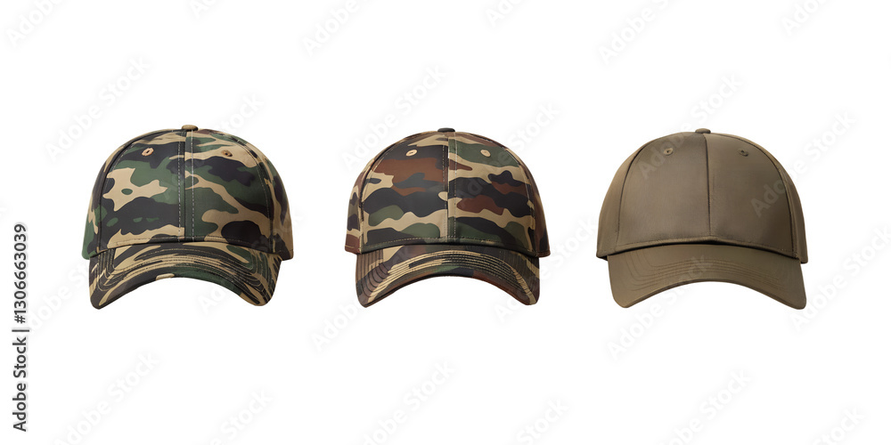 Fototapeta premium Three Different Camouflage Baseball Caps on White Background, Camo Hats, Outdoor Baseball Caps, Cut Out