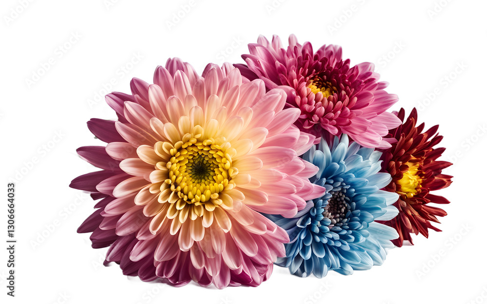 A blooming chrysanthemum with vibrant petals in various colors, isolated on a empty plain background A blooming chrysanthemum with vibrant petals in various colors, isolated on a empty plain background