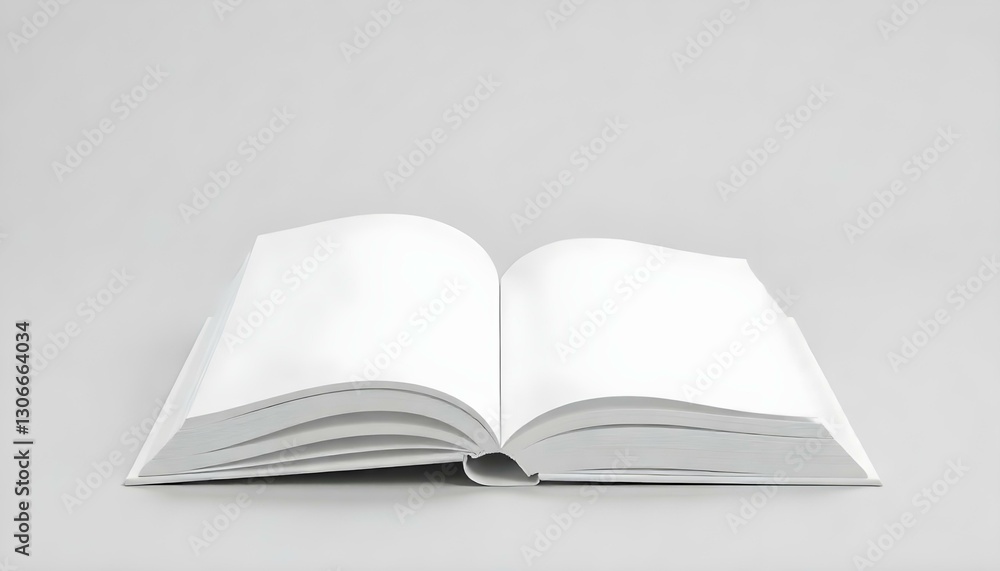 Open book mockup, showcasing a blank spread against a light gray background, soft diffused lighting, high resolution Open book mockup, showcasing a blank spread against a light gray background, soft diffused lighting, high resolution