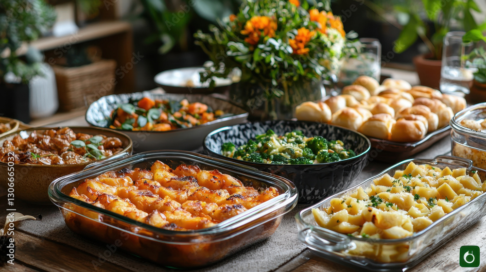 beautifully arranged dinner table with variety of delicious dishes, including baked potatoes, pasta, and fresh salads, surrounded by vibrant flowers and greenery beautifully arranged dinner table with variety of delicious dishes, including baked potatoes, pasta, and fresh salads, surrounded by vibrant flowers and greenery