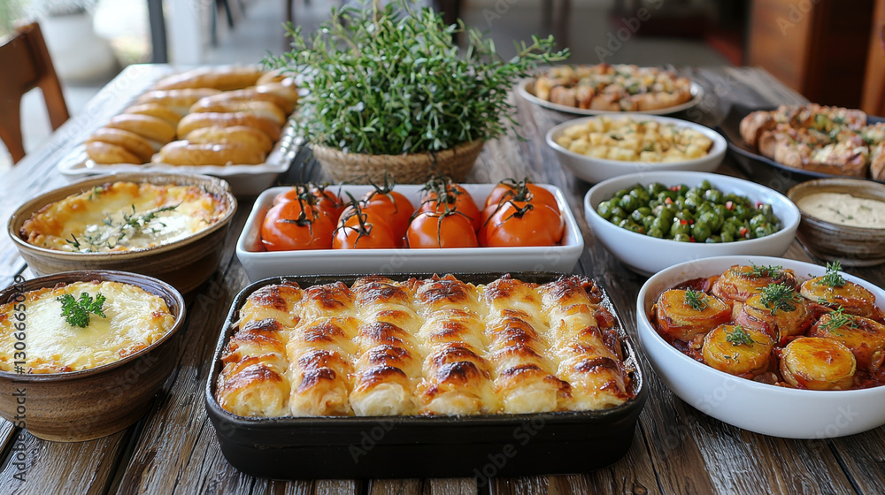 beautifully arranged dinner table with variety of delicious dishes, including baked goods, fresh vegetables, and savory casseroles, creating inviting and appetizing atmosphere beautifully arranged dinner table with variety of delicious dishes, including baked goods, fresh vegetables, and savory casseroles, creating inviting and appetizing atmosphere