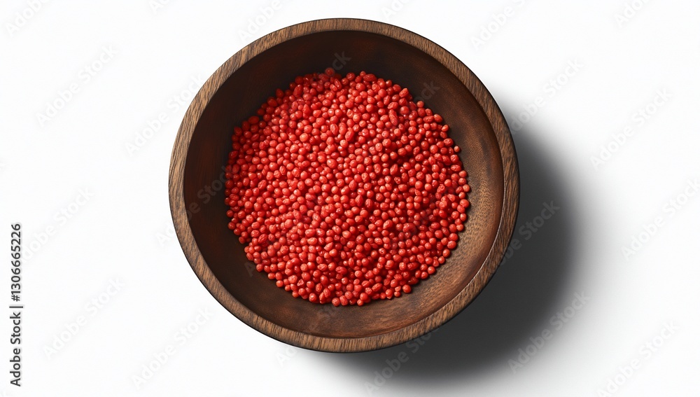Red beads in wooden bowl, white background Red beads in wooden bowl, white background