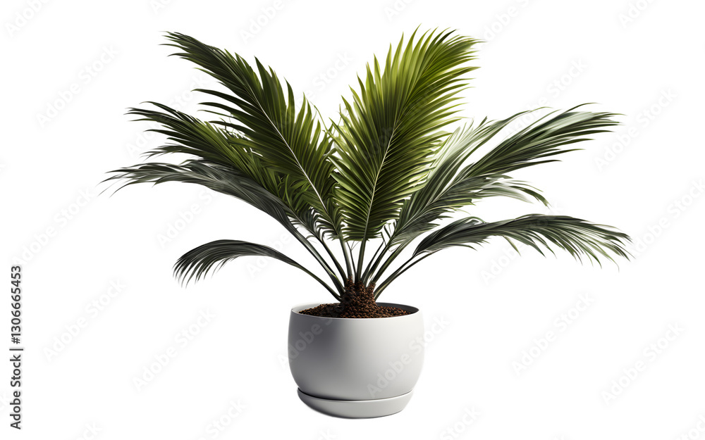 Obraz premium A compact potted palm tree with fan-shaped leaves, isolated on a empty plain background