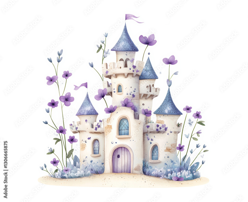 Naklejka premium Lavender castle surrounded by delicate flowers in a whimsical garden setting