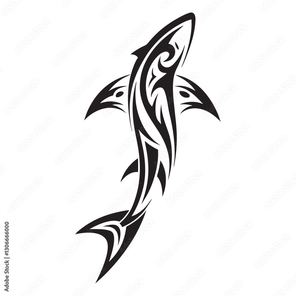 Naklejka premium Polynesian Tribal Shark Tattoo with Bold Black Ink Design and Traditional Patterns