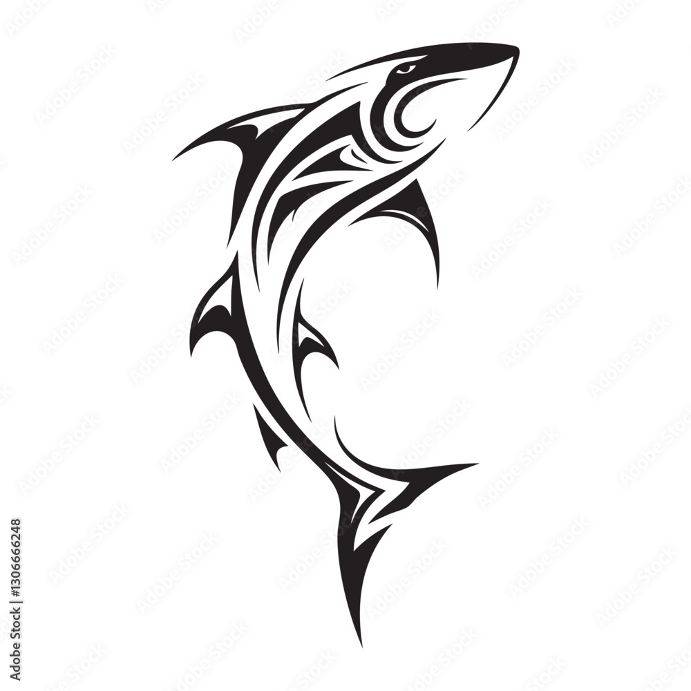 Naklejka premium Polynesian Tribal Shark Tattoo with Bold Black Ink Design and Traditional Patterns