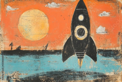 Colorful sketch of a space rocket, spaceship near a planet, AI Generated