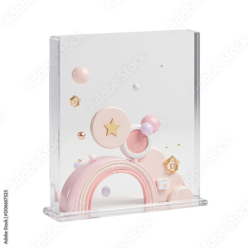 Miniature Acrylic Box Showcasing Whimsical Pastel Scene with Rainbow and Geometric Shapes