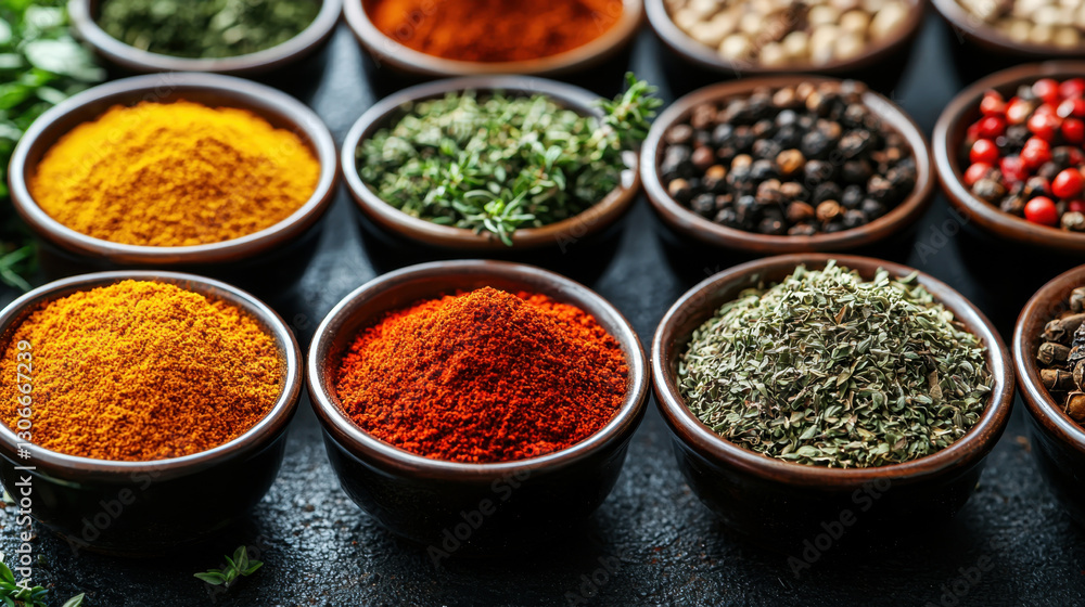 colorful array of spices and herbs small bowls, showcasing vibrant and aromatic ingredients. assortment includes turmeric, paprika, thyme, and peppercorns, creating rich tapestry of flavors and colorful array of spices and herbs small bowls, showcasing vibrant and aromatic ingredients. assortment includes turmeric, paprika, thyme, and peppercorns, creating rich tapestry of flavors and