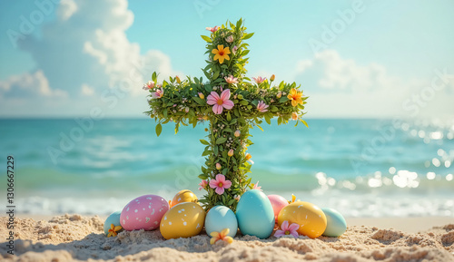Beautiful Floral Cross and Colorful Easter Eggs on a Sandy Beach – A Unique Easter Image for Seasonal Marketing and Promotions