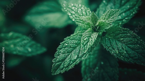 Fresh green mint plant covered in glistening water droplets up close