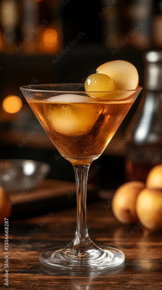 Golden-hued with peach garnish and ice sphere, exuding sophistication in a cozy bar setting. A refined cocktail perfect for fine dining, whiskey lovers, and signature drink menus. Golden-hued with peach garnish and ice sphere, exuding sophistication in a cozy bar setting. A refined cocktail perfect for fine dining, whiskey lovers, and signature drink menus.