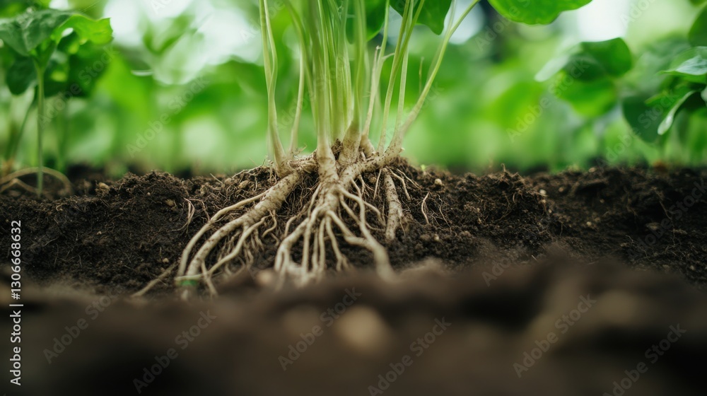 Fototapeta premium Close-up of plant roots absorbing nutrients from