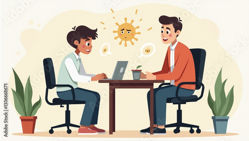 Caring Child Psychologist Guiding Confused Boy Through Therapy Session Overcoming Childhood Anxiety and Mental Health Challenges in a Bright and Supportive Office