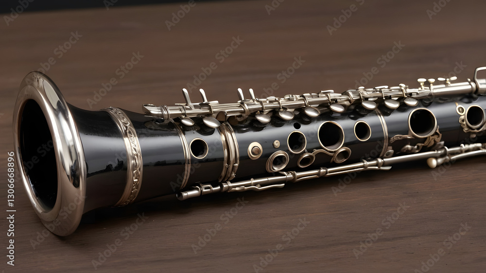 Fototapeta premium Elegant Clarinet close-up on wooden surface with detailed silver keys