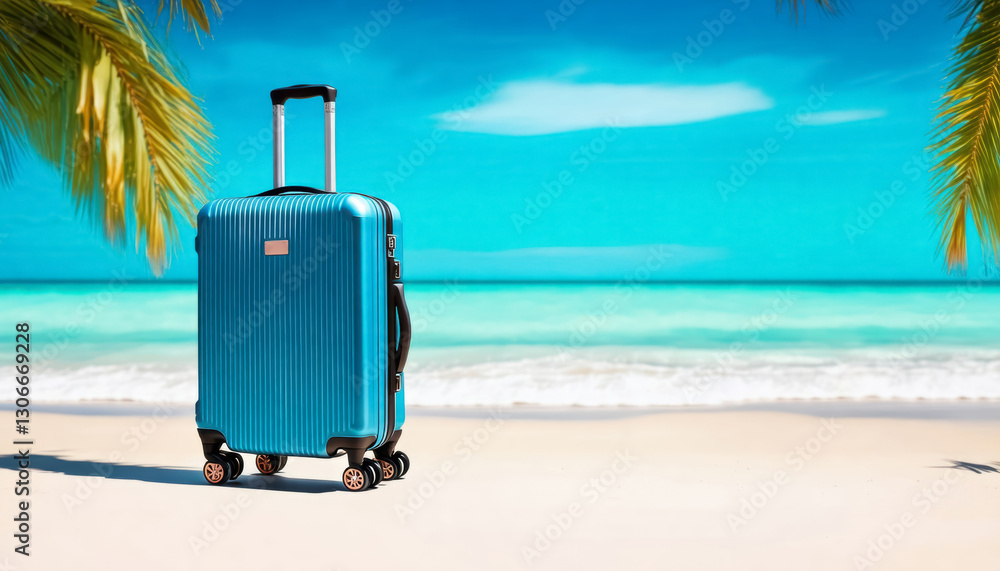 blue suitcase on sandy beach with palm trees on sea or ocean background, travel and vacation concept blue suitcase on sandy beach with palm trees on sea or ocean background, travel and vacation concept