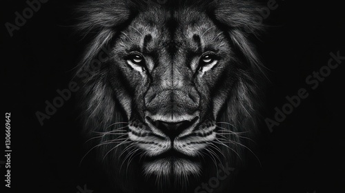 Majestic lion portrait, dark background, wildlife, power, nature photography, for design