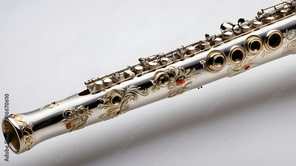 Fototapeta premium Ornate silver flute close-up with detailed engraving on a soft background