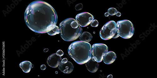 Colorful glowing bubbles with a holographic shine, floating weightlessly in the air. Transparent and reflective, they create a magical and delicate atmosphere with light refractions.