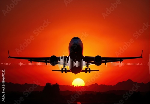 Passenger Airplane Silhouette at Sunset with Sound Wave Graphic