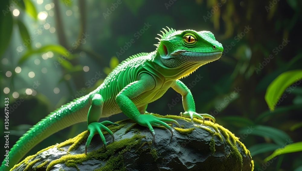 Fototapeta premium A green lizard perched on a moss-covered rock