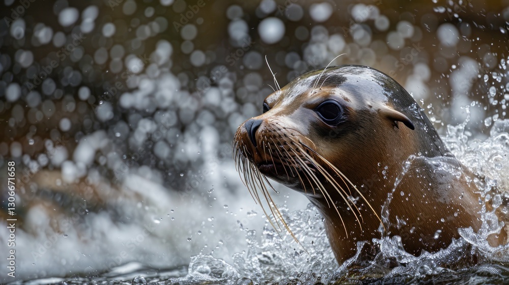 Fototapeta premium A sea lion emerges from water showing a wet sleek appearance