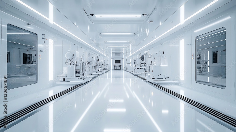 Naklejka premium Futuristic lab corridor; sterile, cleanroom; research; technology