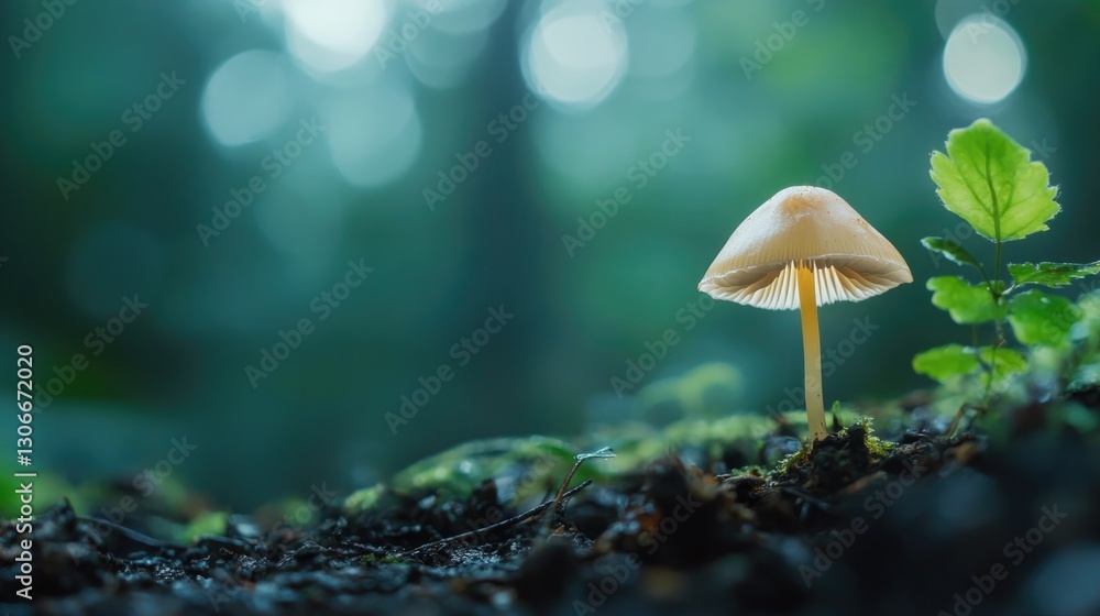 Fototapeta premium A delicate mushroom is illuminated in a beautiful forest scene