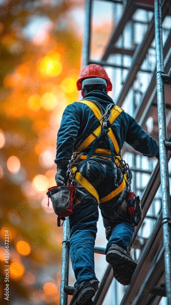 A blurred background of a worker walking on scaffolding with safety gear A blurred background of a worker walking on scaffolding with safety gear