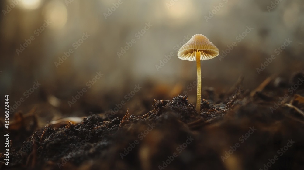 A singular small mushroom grows tall from dark rich soil A singular small mushroom grows tall from dark rich soil