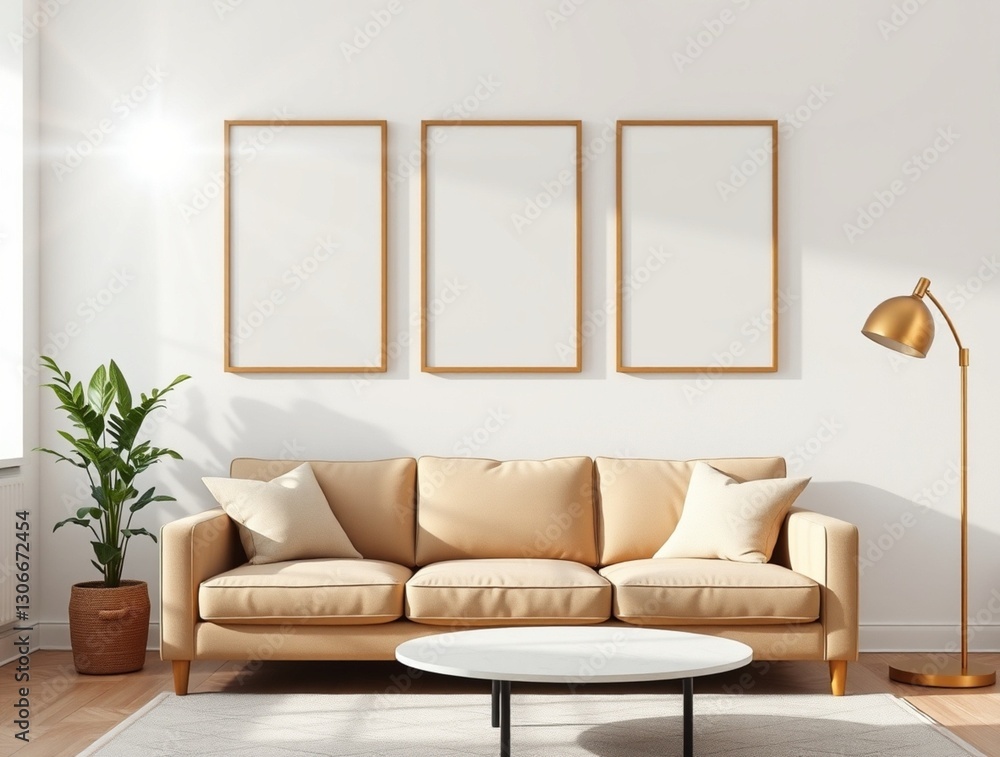 Mockup living room with set of 3 vertical oak framed wall art, beige sofa Mockup living room with set of 3 vertical oak framed wall art, beige sofa
