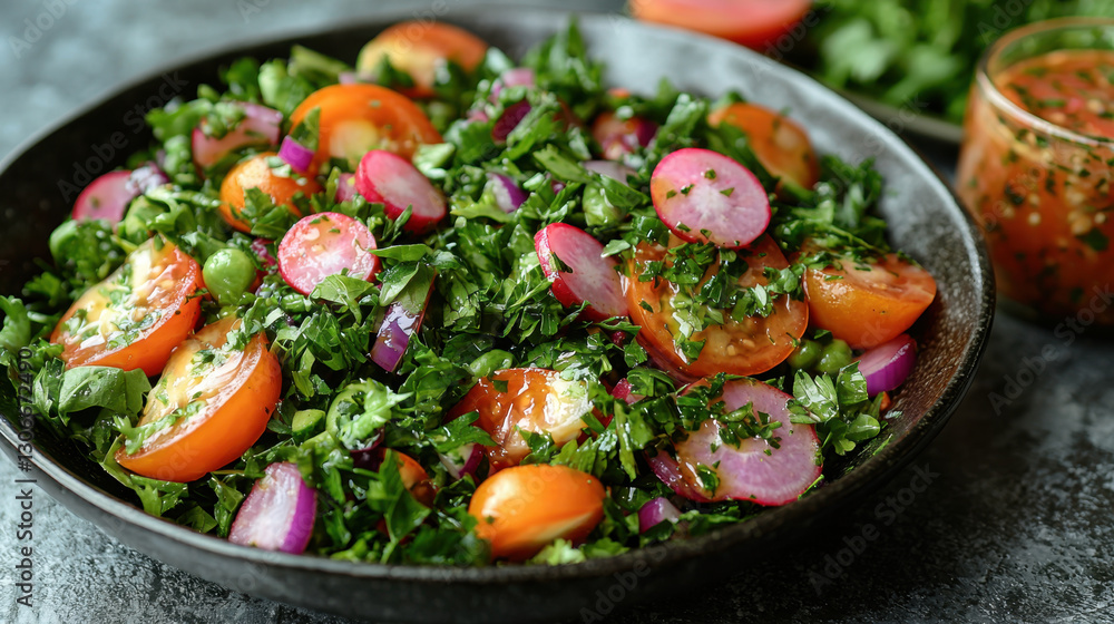 vibrant salad with variety of colorful vegetables including tomatoes, radishes, and greens, garnished with herbs in black bowl. fresh ingredients create healthy and appetizing dish vibrant salad with variety of colorful vegetables including tomatoes, radishes, and greens, garnished with herbs in black bowl. fresh ingredients create healthy and appetizing dish