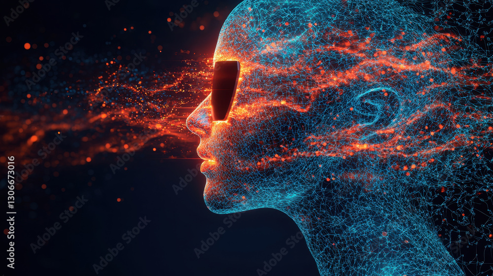 digital representation of human head with glowing data streams flowing through it, symbolizing cybersecurity and technology. abstract design features vibrant colors and futuristic theme digital representation of human head with glowing data streams flowing through it, symbolizing cybersecurity and technology. abstract design features vibrant colors and futuristic theme
