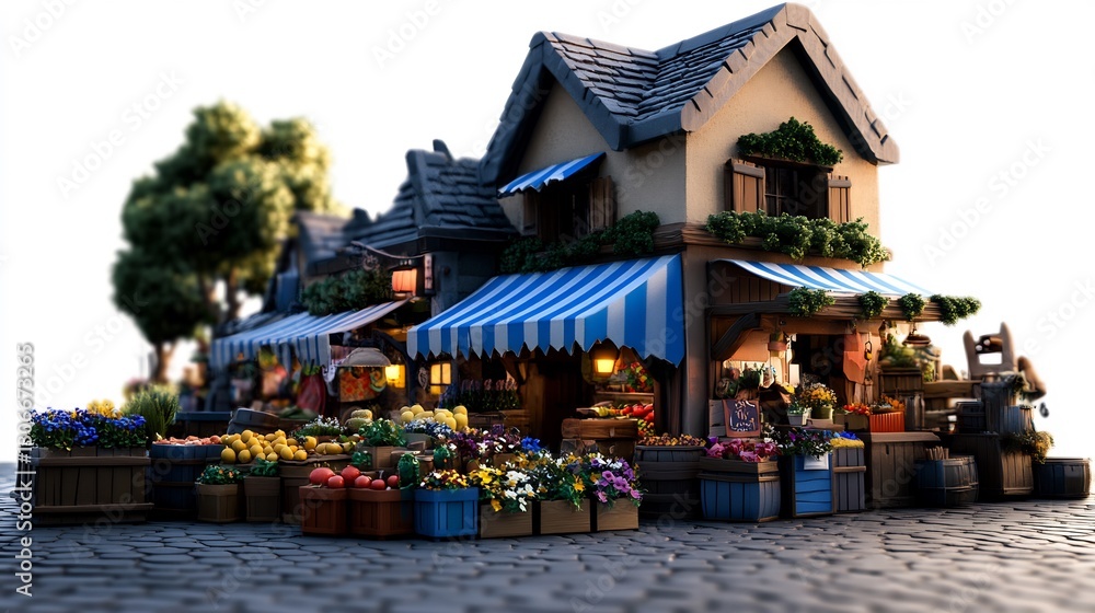 Fototapeta premium Charming Village Market: A 3D Render of a quaint European-style marketplace brimming with fresh produce and flowers, bathed in the warm glow of morning sunlight.