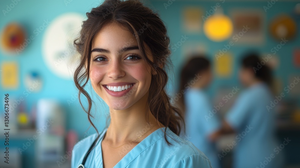 Fototapeta premium a nurse in scrubs smiles warmly in a brightly decorated pediatric clinic with colleagues working in the background the setting is welcoming and professional ideal for healthcare concepts
