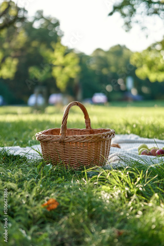 Фотография wicker picnic basket on green grass