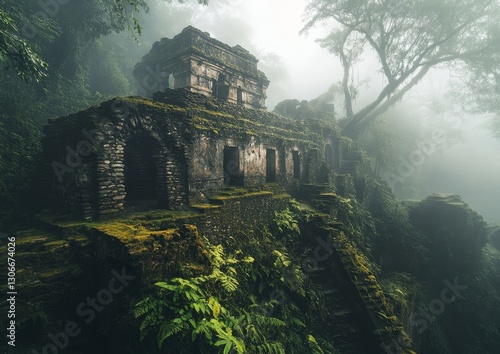 misty jungle with concealed ruins, camouflaged by the dense flora, where stone edifices mingle with the mist photo