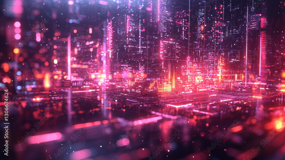 Fototapeta premium Futuristic digital cityscape with glowing neon lights and holographic elements. vibrant colors and intricate network patterns create sense of advanced technology and innovation