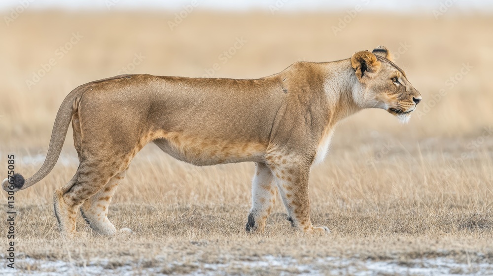 Naklejka premium Majestic Lioness Walking Gracefully Across Golden Grassland
