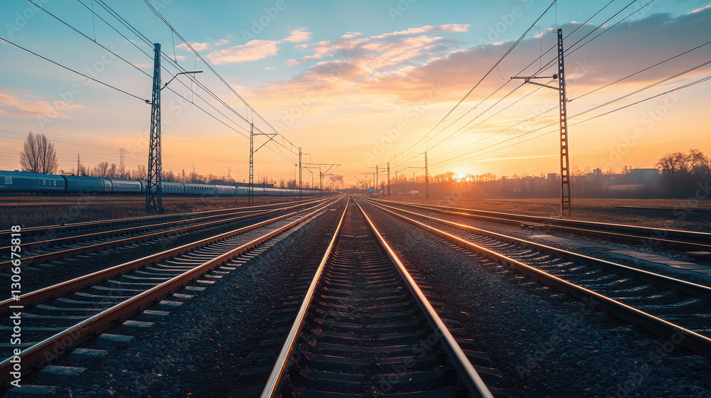 A serene sunset view along railway tracks stretching into the horizon. A serene sunset view along railway tracks stretching into the horizon.