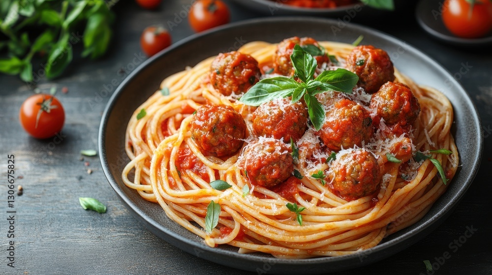a plate of savory spaghetti served with meatballs tomato sauce and parmesan cheese exuding italian cuisine charm and authentic flavors beautifully presented on a rustic wooden table a plate of savory spaghetti served with meatballs tomato sauce and parmesan cheese exuding italian cuisine charm and authentic flavors beautifully presented on a rustic wooden table