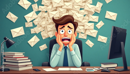 Overwhelmed Businessman at Cluttered Desk Drowning in Email Messages Stressed Professional Facing Inbox Overload Time Management Issues in a Chaotic Office Environment Deadline Pressure Concept