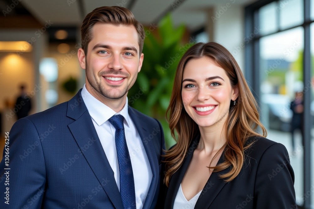 Confident Business Team Portrait Smiling Man and Woman in Corporate Attire Confident Business Team Portrait Smiling Man and Woman in Corporate Attire