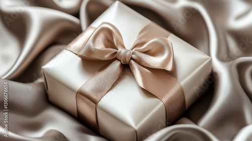 Elegant gift box with satin ribbon on soft beige fabric, perfect for holiday celebrations and special occasions