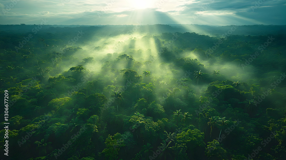 Aerial View Of Lush Green Forest With Mist And Sunlight Aerial View Of Lush Green Forest With Mist And Sunlight
