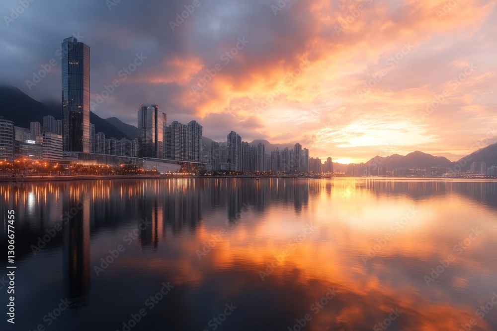 Fototapeta premium A dramatic sunset casts fiery colors over high-rise buildings beside a tranquil waterfront, creating a beautiful interplay of light and reflection.