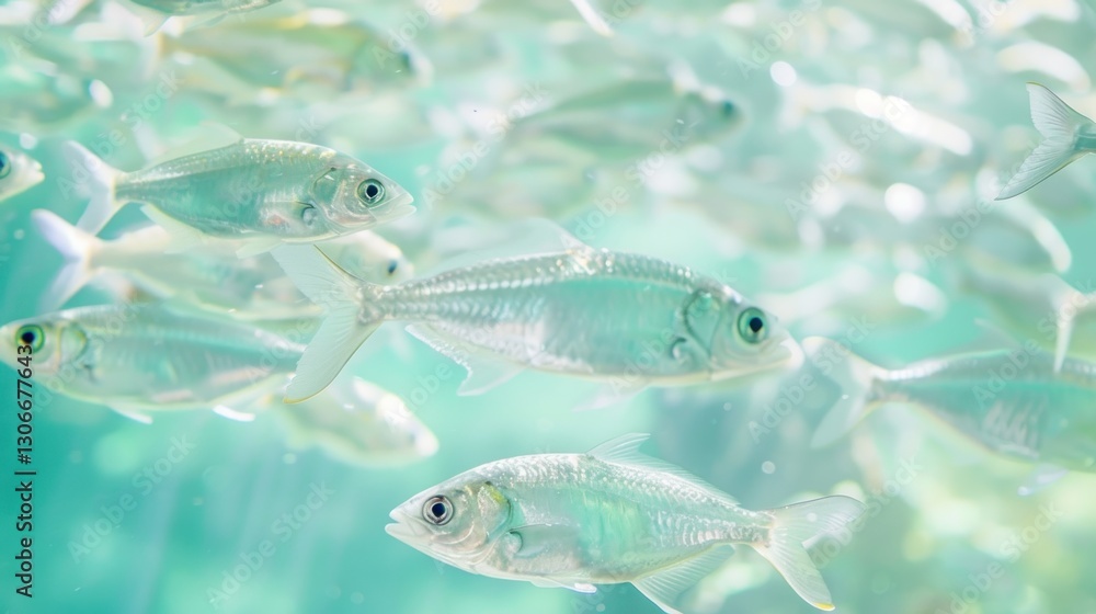 Naklejka premium A school of small transparent fish swims underwater together gracefully