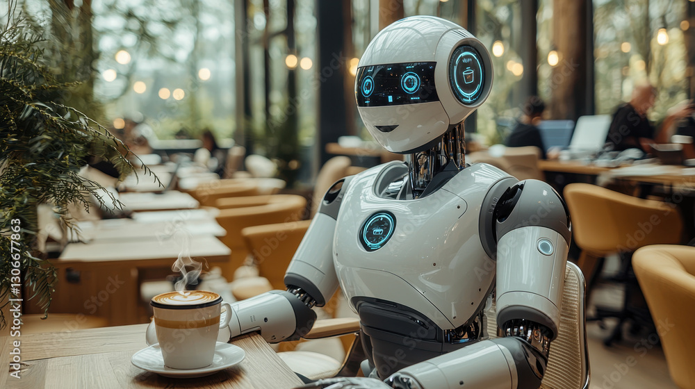 humanoid robot enjoying cup of coffee in modern cafe, surrounded by futuristic coworking environment with natural light and greenery humanoid robot enjoying cup of coffee in modern cafe, surrounded by futuristic coworking environment with natural light and greenery