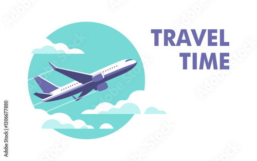 Airplane gaining altitude between clouds. Travel and vacation time. Vector illustration in a minimalistic style.