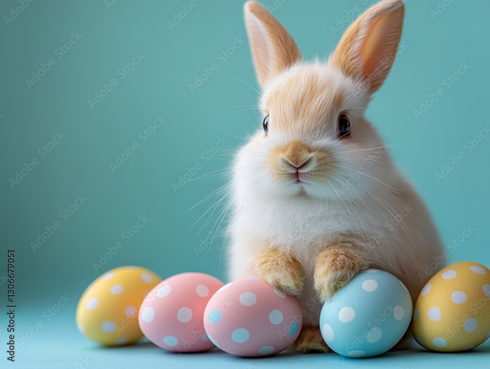 Fototapeta premium Easter holiday concept. cute baby easter bunny adorable rabbit with easter egg colorful painting on blue background.
